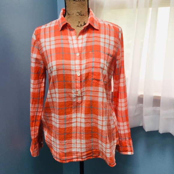 J Crew Coral Plaid Cotton Popover Top - Picture 3 of 6
